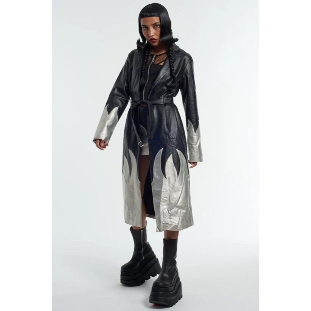 THE RAGGED PRIEST Immortal Coat 16 Silver Flames Faux Leather Trench Mall Goth - Picture 2 of 12